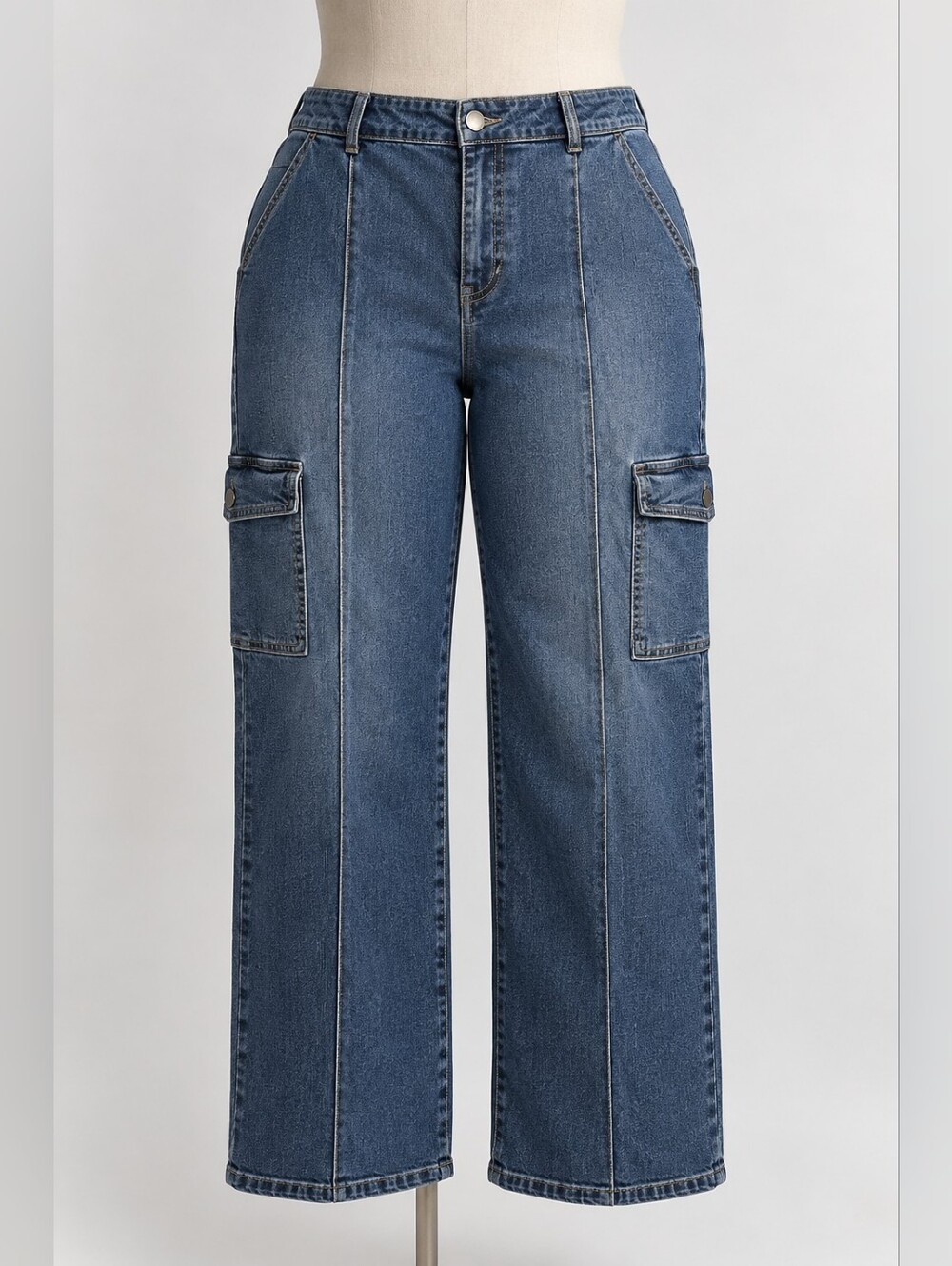 Denim Cargo Straight Leg Jeans Utility Pockets Size 16
